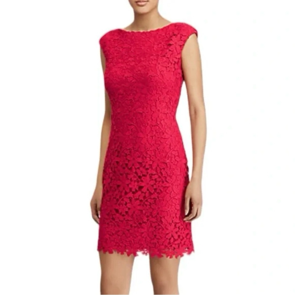 Ralph Lauren-Red guipore lace fully lined floral cap sleeved sheath dress Size 6
